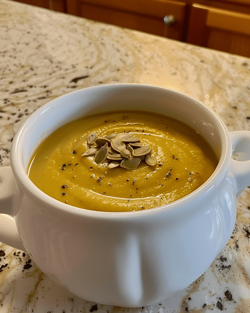 A creamy bowl of butternut squash soup garnished with roasted pumpkin seeds and freshly ground pepper, served in a white ceramic bowl on a marble countertop.