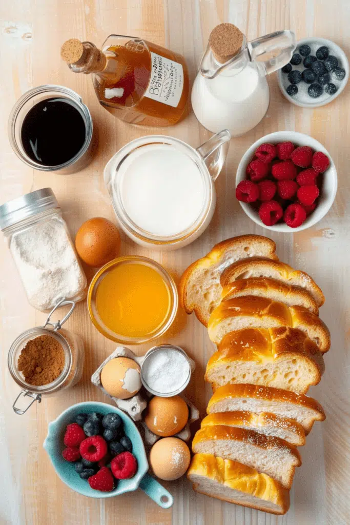 Top view of ingredients for brioche french toast casserole​, including brioche slices, eggs, milk, cream, fresh berries, cinnamon, and maple syrup