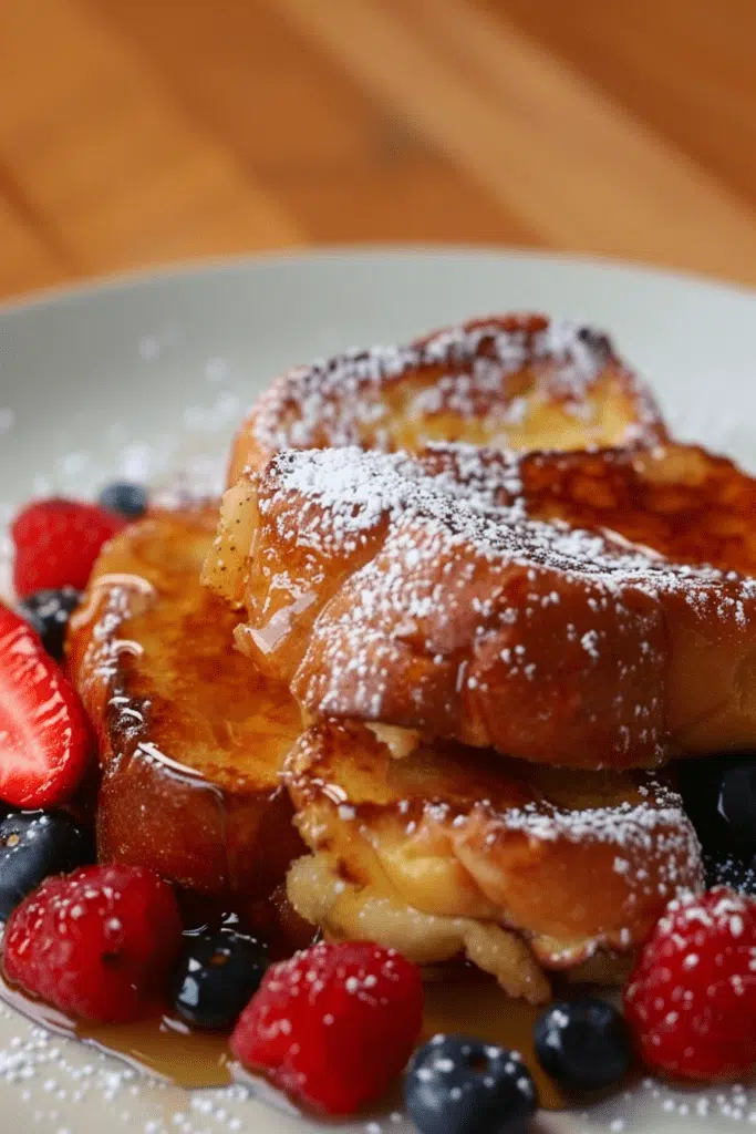 A delicious brioche french toast casserole​ served with fresh berries and powdered sugar.

