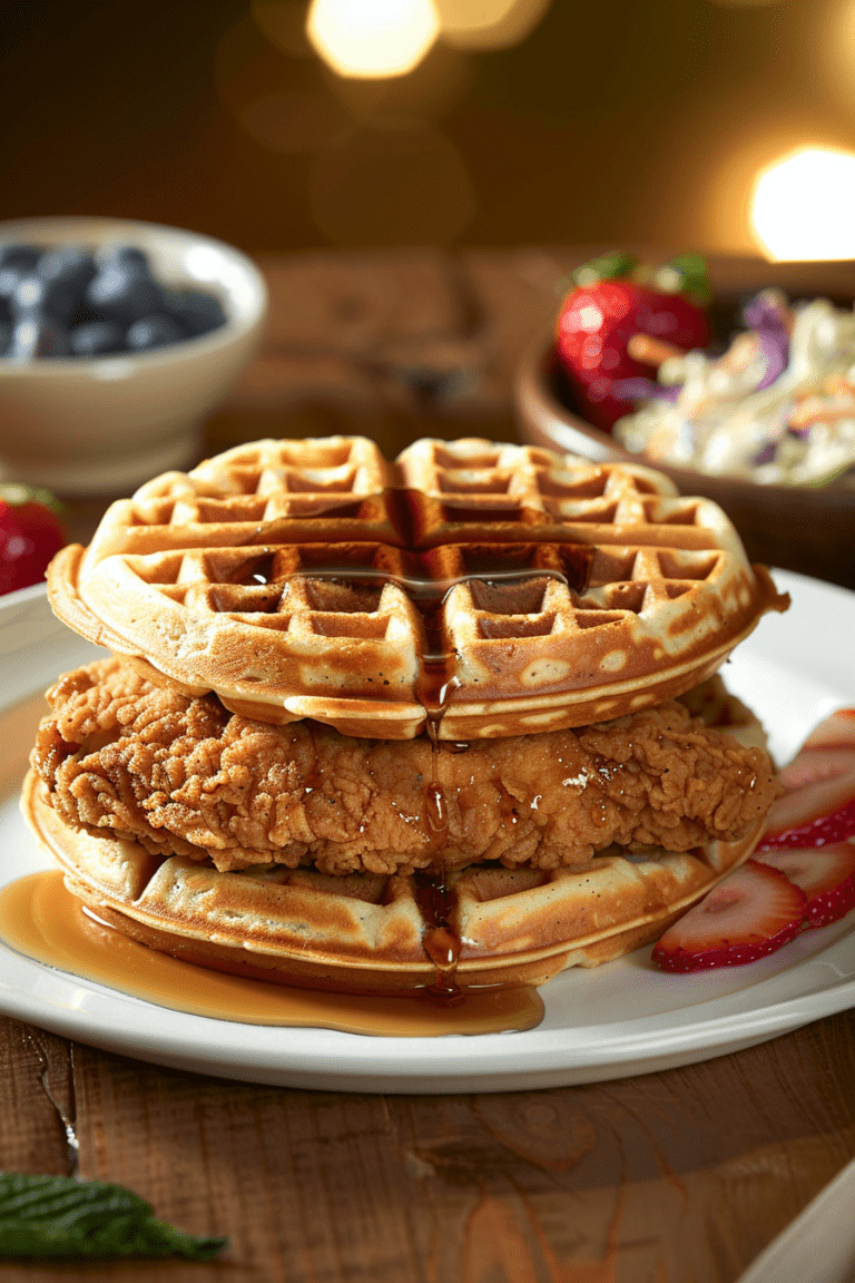 Delicious chicken and waffle sandwich with crispy fried chicken and fluffy waffles, perfect for breakfast or brunch.