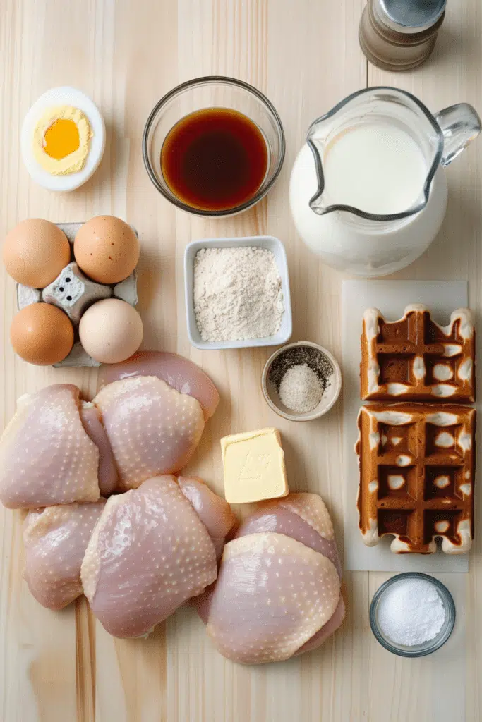 Ingredients for a chicken and waffle sandwich, including fried chicken, waffles, syrup, butter, and seasoning for the perfect recipe