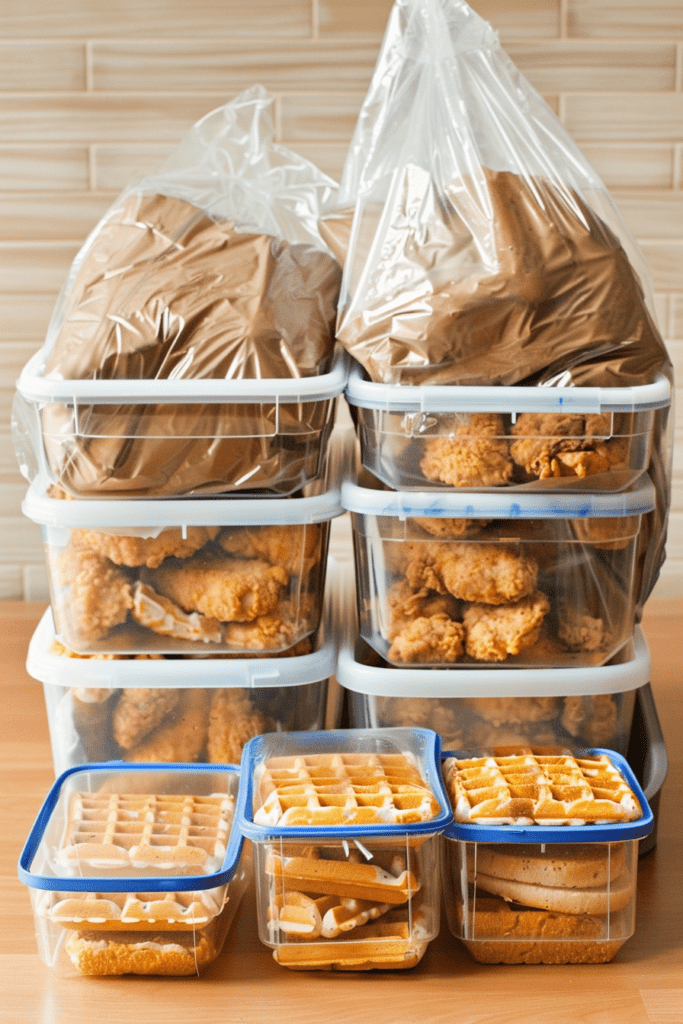 Tips for storing a chicken and waffle sandwich, showing a tightly sealed container and fresh waffles ready for reheating