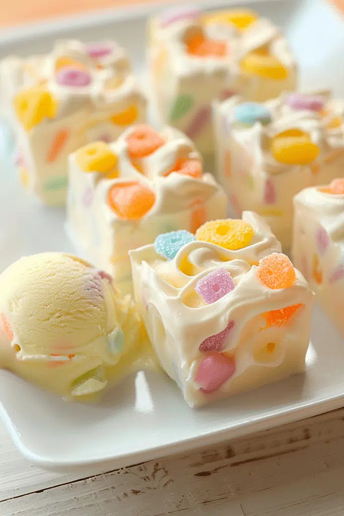 Delicious homemade cool whip candy with colorful candy pieces on a white plate.