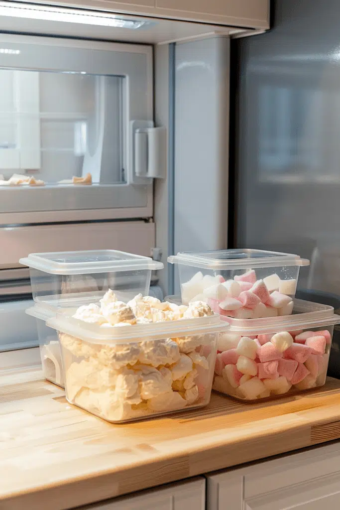 Containers filled with Cool Whip candy and marshmallows placed on a countertop near a freezer, ready for chilling