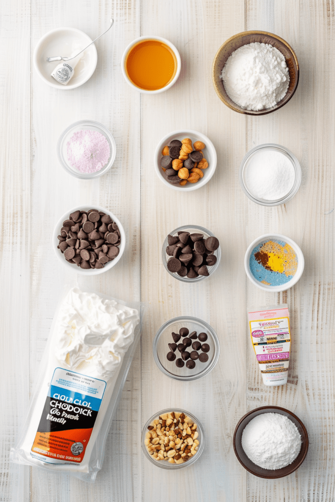 Assorted ingredients for making cool whip candy, including chocolate chips, nuts, powdered sugar, and whipped topping, arranged on a wooden surface