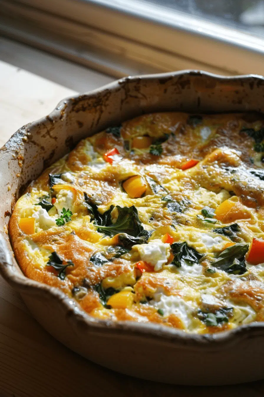 A freshly baked cottage cheese egg bake​ in a ceramic dish, featuring vibrant vegetables and herbs, perfect for a healthy meal