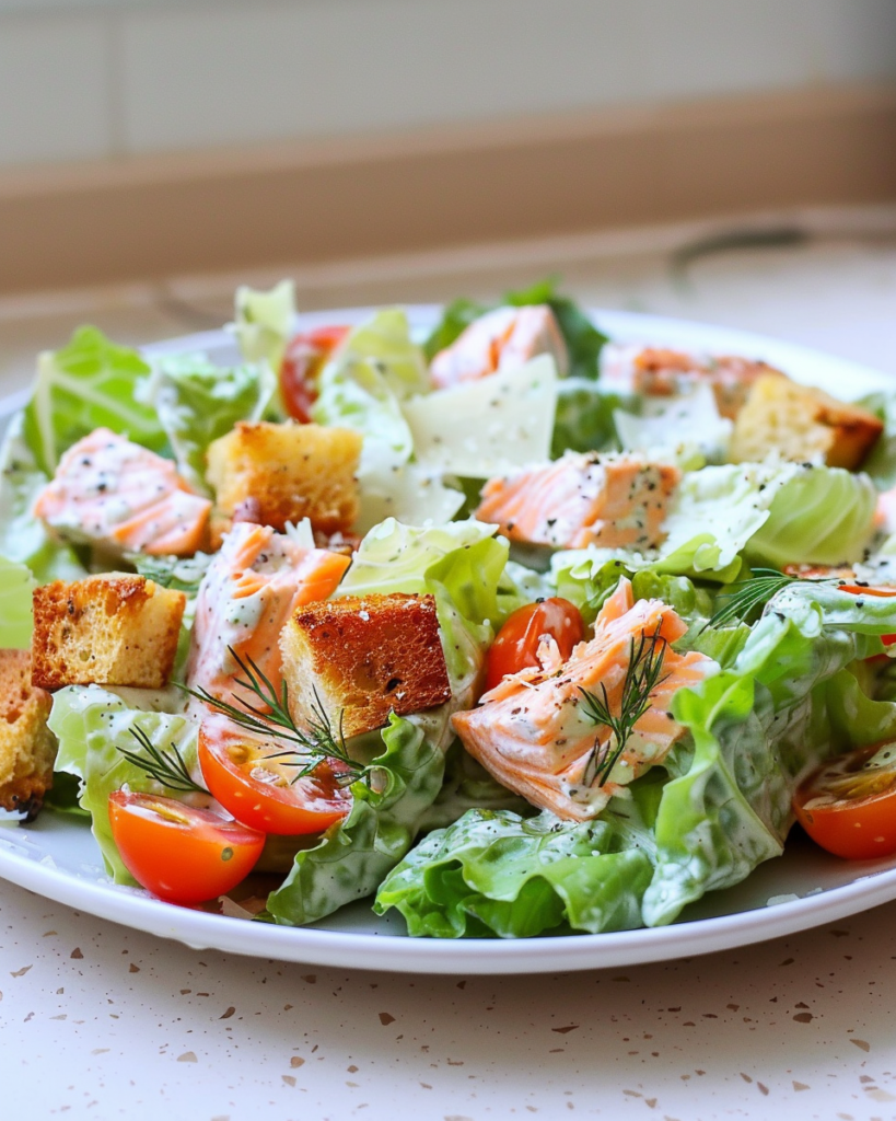 A colorful plate of Salmon Caesar Salad with tender salmon chunks, crisp romaine lettuce, cherry tomatoes, golden croutons, and a creamy dressing topped with fresh dill.