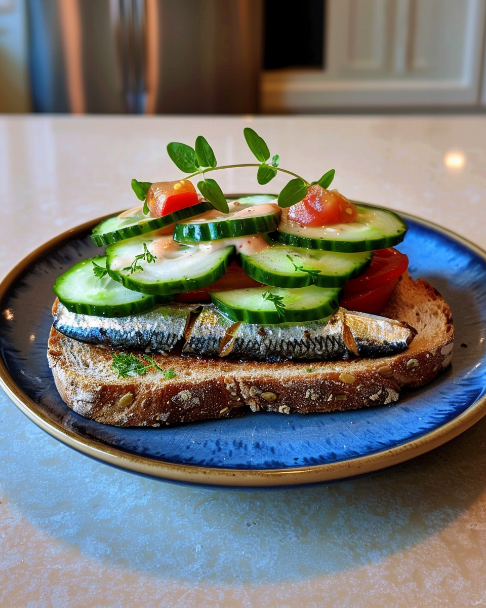 A beautifully presented sardine sandwich served on whole-grain bread, topped with fresh cucumber slices, cherry tomatoes, a light sauce, and garnished with fresh herbs.