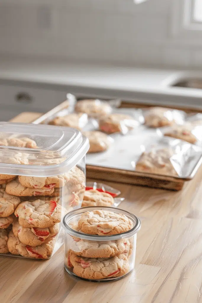 Strawberry cheesecake cookies stored in airtight containers and on a baking tray in a kitchen setting