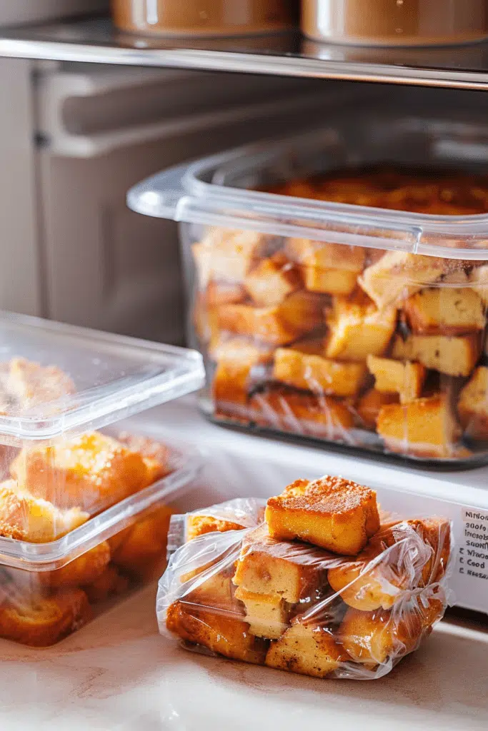 A tightly sealed container with leftoverbrioche french toast casserole​, ready for refrigeration or freezing.