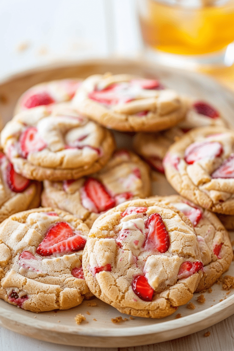 Close-up of strawberry cheesecake cookies showcasing fresh strawberry pieces and a creamy cheesecake swirl