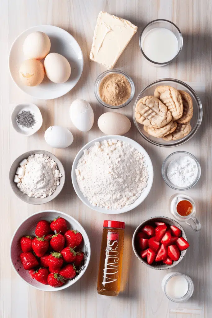 Ingredients for strawberry cheesecake cookies, including fresh strawberries, eggs, sugar, flour, and butter, arranged on a table