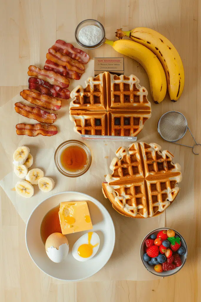 Ingredients for a waffle sandwich recipe, including golden waffles, crispy bacon, sliced bananas, eggs, cheese, maple syrup, fresh berries, and bananas, displayed on a wooden surface