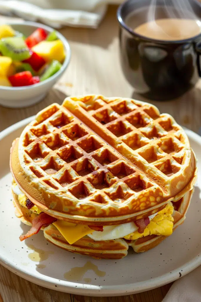 A delicious Waffle Sandwich filled with crispy bacon, fluffy eggs, and melted cheese, served on a white plate with a bowl of fresh fruit and coffee in the background.