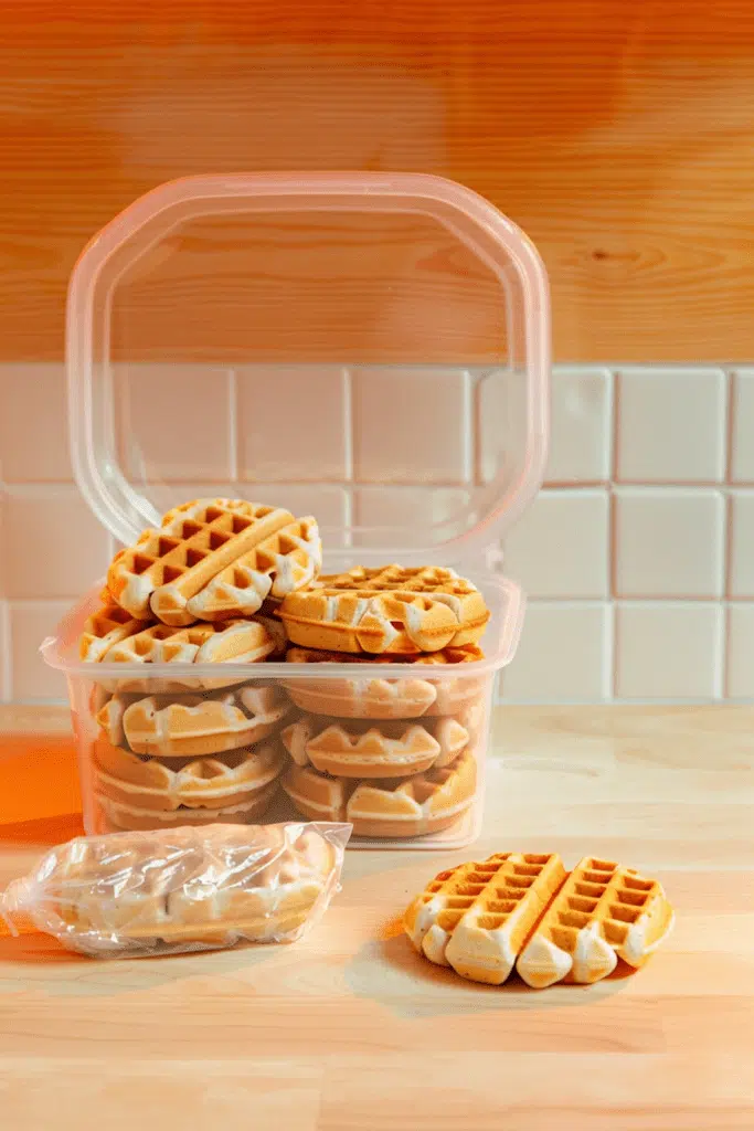 Storage tips for waffle sandwiches, showcasing a plastic container filled with waffles and an individually wrapped waffle on a wooden countertop