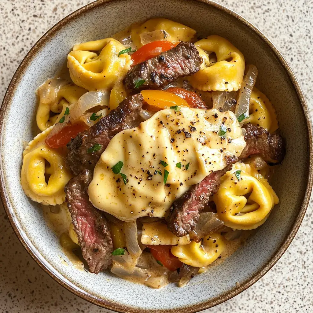 A plate of Philly cheesesteak tortellini pasta with melted cheese, seared steak, and sautéed onions, photographed from above for a cozy, homemade feel.

