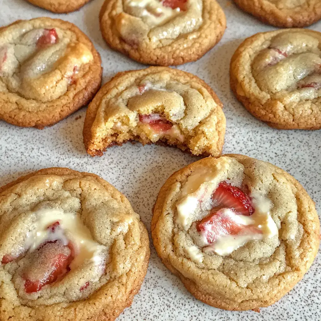 Freshly baked strawberry cheesecake cookies on a rustic wooden surface, with creamy filling and fresh strawberry pieces, captured in a top-down view.

