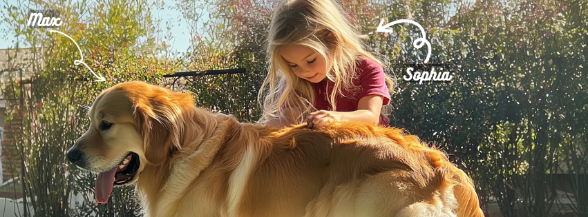 Sophia petting our dog Max in the backyard.