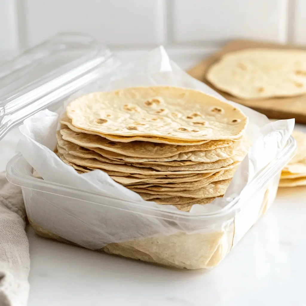 Stacked almond flour tortillas stored neatly in a container with parchment paper, perfect for keeping them fresh