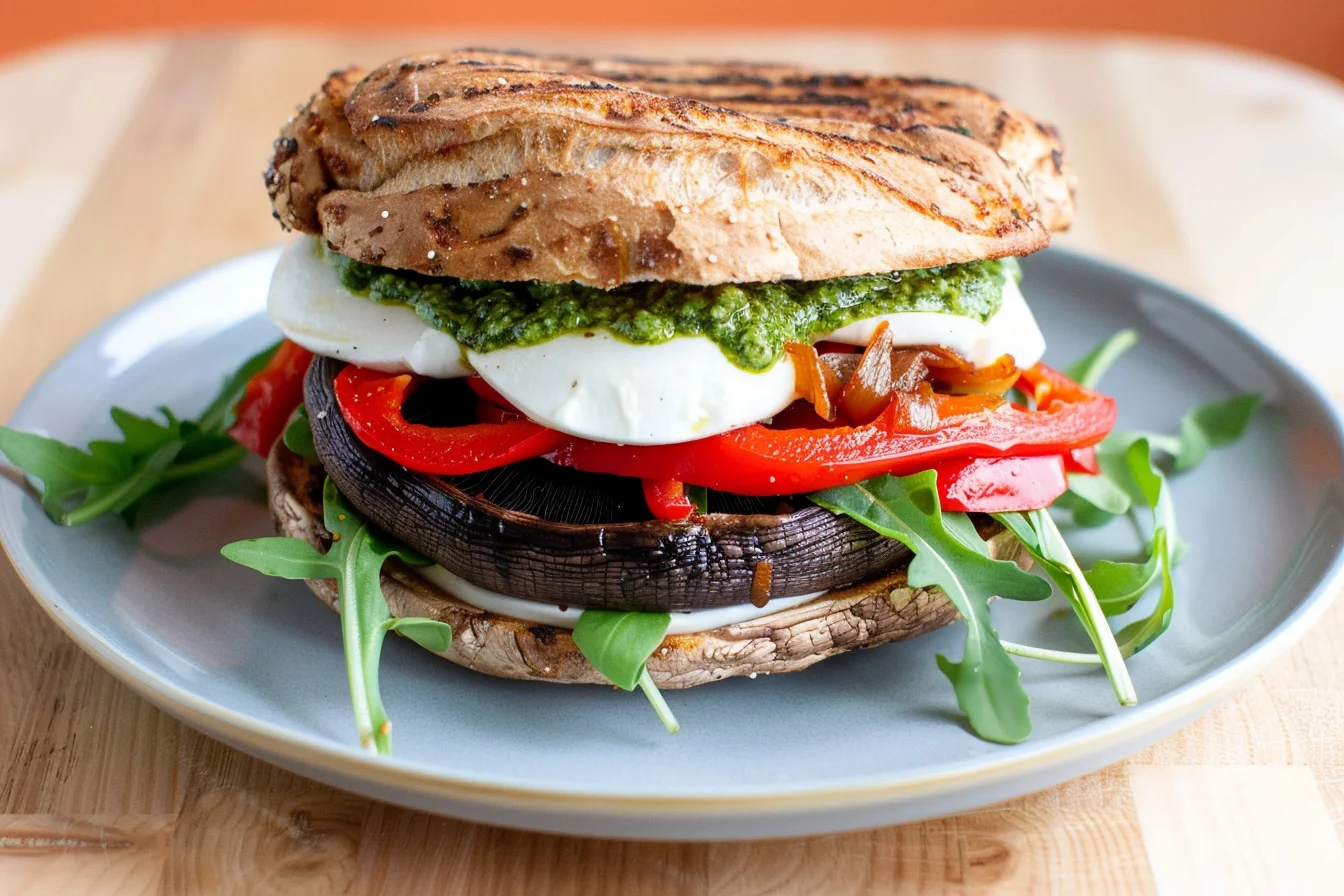 Assembled portobello mushroom sandwich