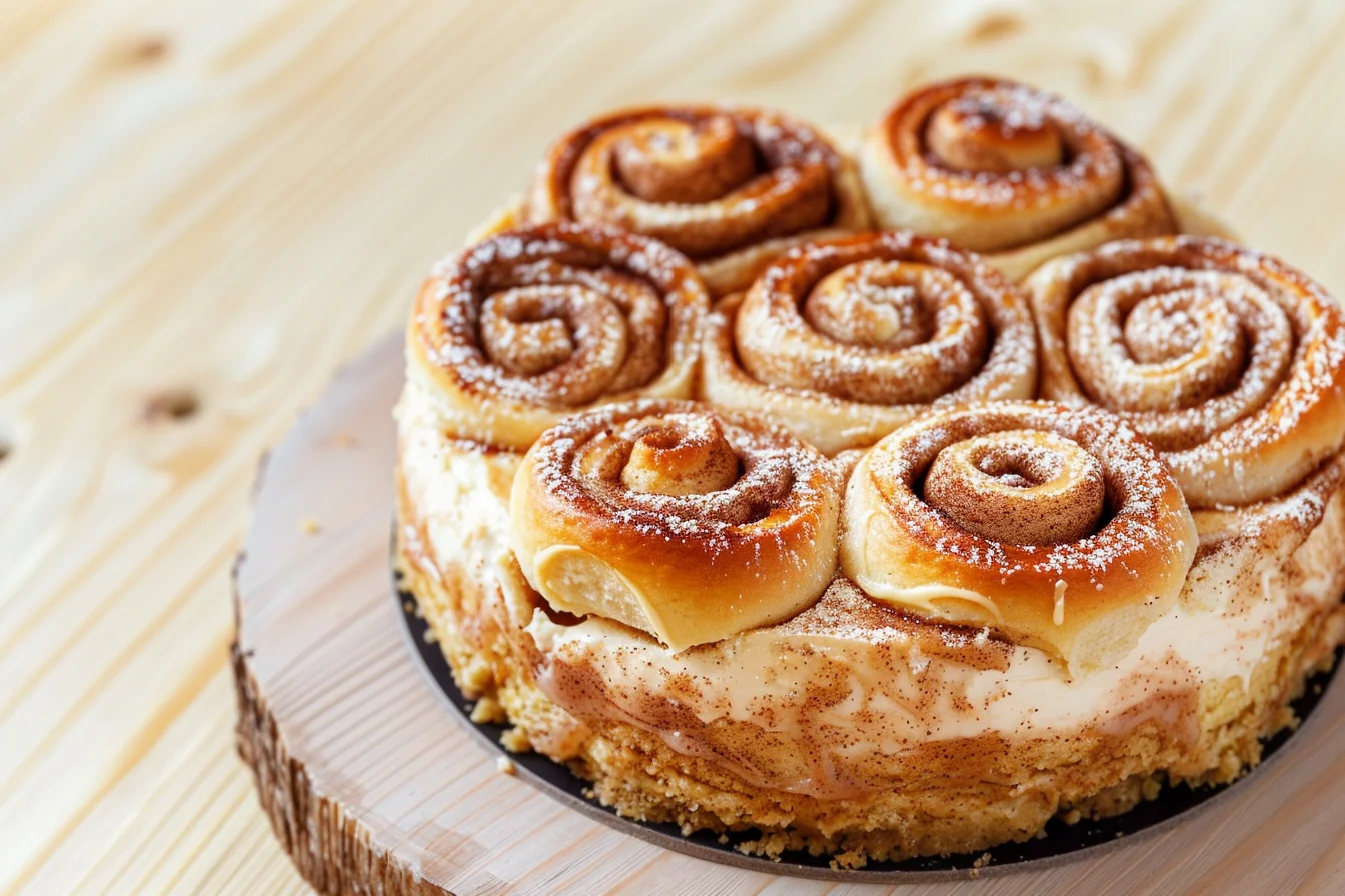 A luscious cinnamon roll cheesecake with a golden, swirled cinnamon-sugar topping, a creamy cheesecake center, and a buttery graham cracker crust, drizzled with sweet vanilla glaze.