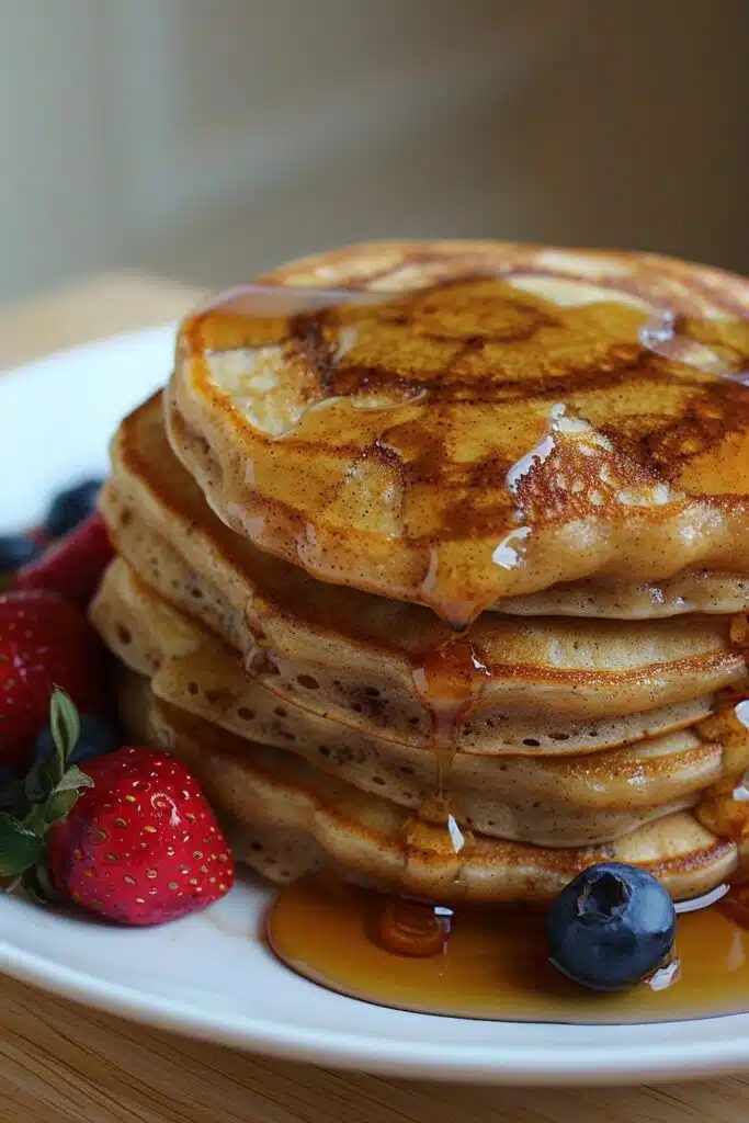 Fluffy cinnamon swirl pancakes stacked on a plate, drizzled with maple syrup and topped with butter