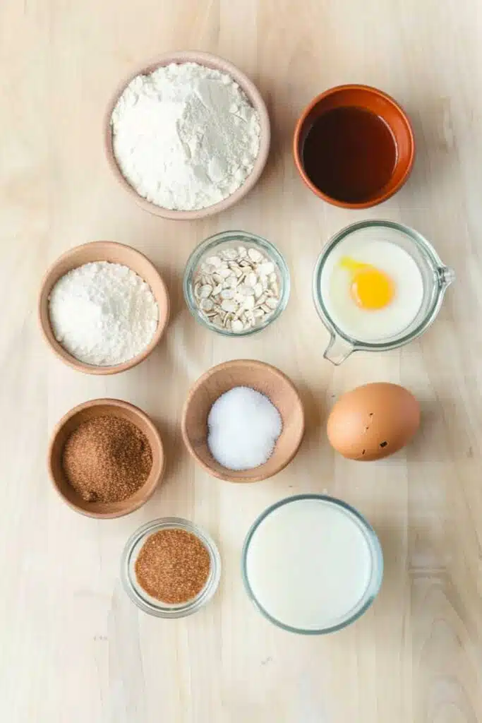 Ingredients for cinnamon swirl pancakes, including flour, eggs, milk, cinnamon, sugar, and butter, neatly arranged on a countertop