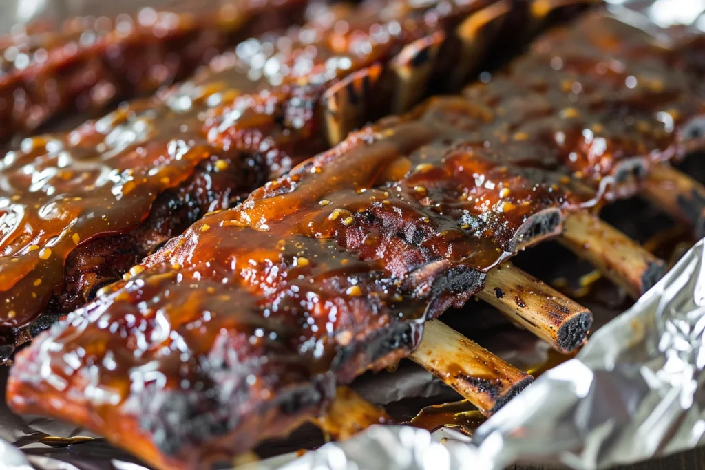 cooked honey garlic ribs close up 1