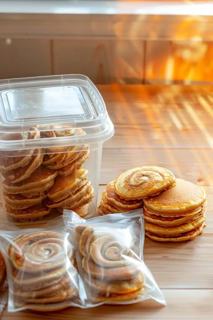 Leftover cinnamon swirl pancakes stored in an airtight container, ready to be reheated for later enjoyment.