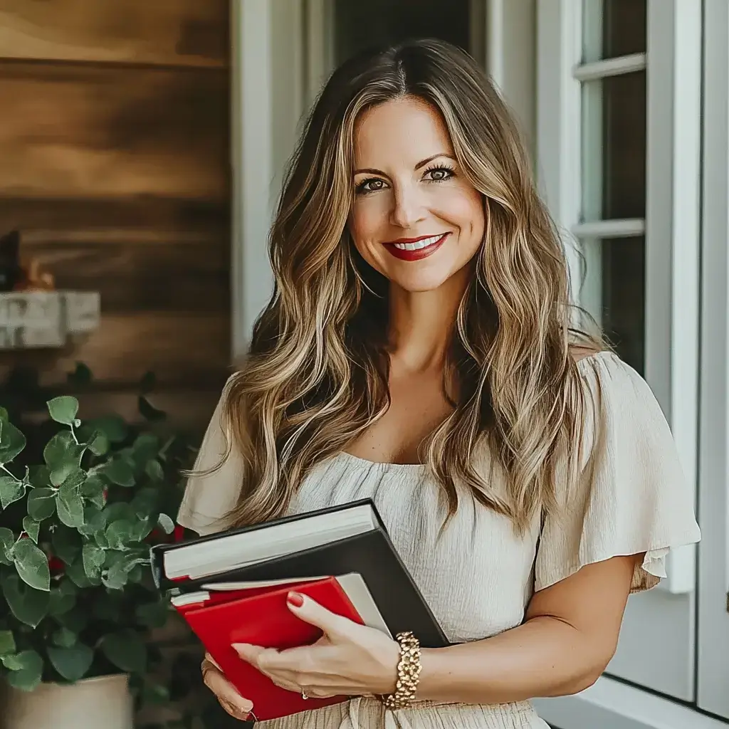 Me in my backyard, holding a cookbook with a little plant beside me