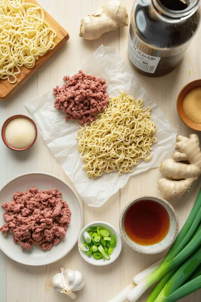 Fresh ingredients for Mongolian Ground Beef Noodles, including ground beef, noodles, soy sauce, ginger, garlic, brown sugar, and green onions.