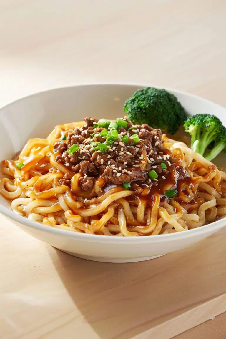 A delicious bowl of Mongolian Ground Beef Noodles topped with savory sauce, sesame seeds, and green onions, served with broccoli on the side.