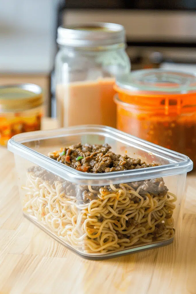 Mongolian Ground Beef Noodles stored in an airtight glass container with jars of sauces and condiments in the background