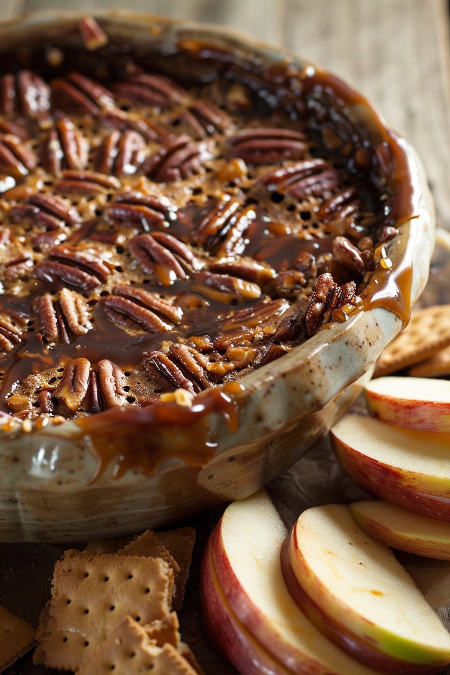 A delicious and creamy pecan pie dip served in a bowl, topped with caramelized pecans, perfect for dipping