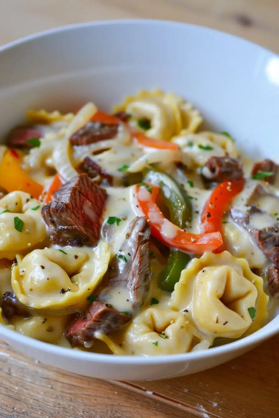 A delicious plate of philly cheesesteak tortellini pasta showcasing savory steak, bell peppers, and creamy sauce, perfect for family dinners.