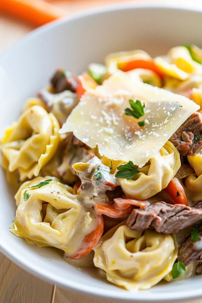 plated philly cheesesteak tortellini