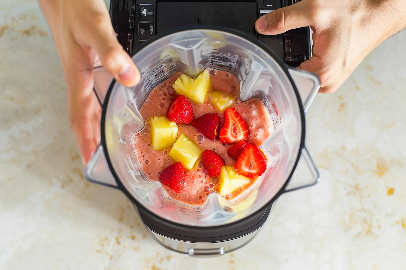 Making pineapple juice smoothie with strawberries.