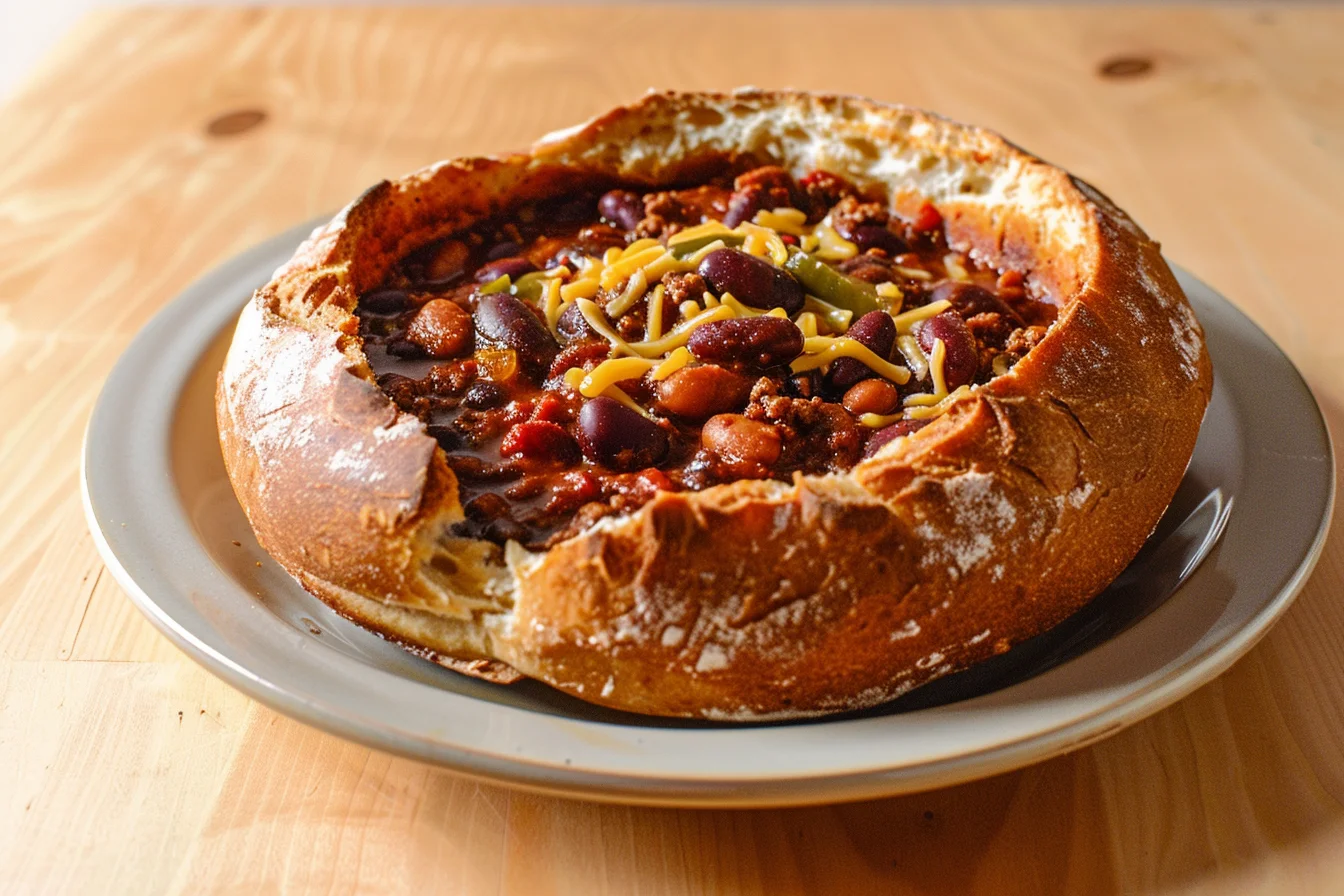 Sourdough bread bowl filled with hearty chili.