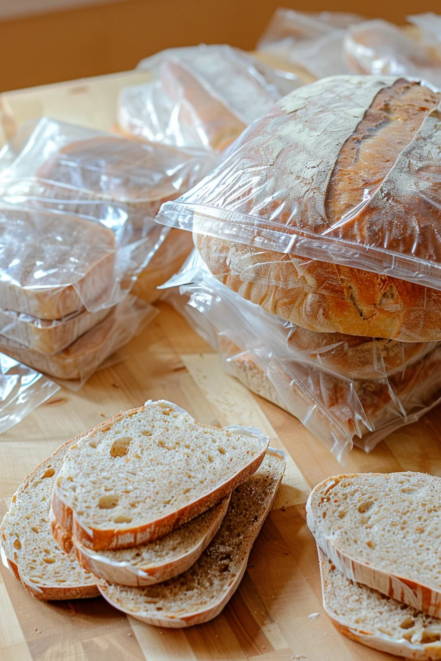 Sourdough bread bowl slices stored in plastic wrap and freezer bags.