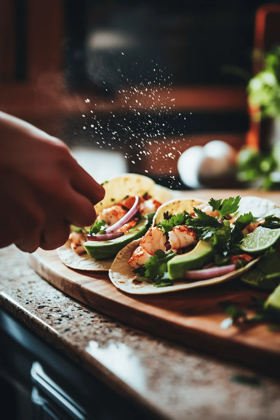 Assembling lobster tacos with toppings.