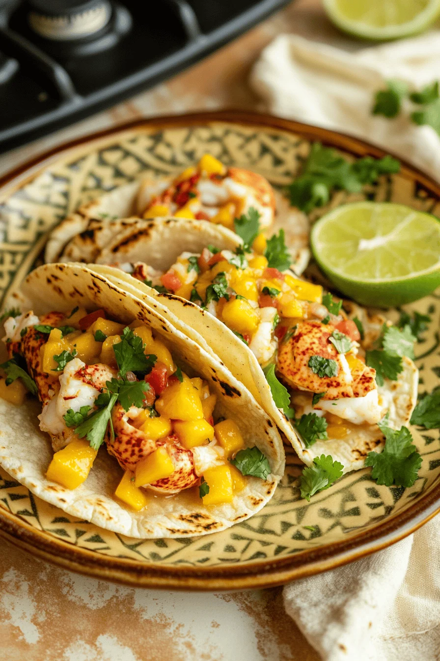 Caribbean lobster tacos with mango salsa.