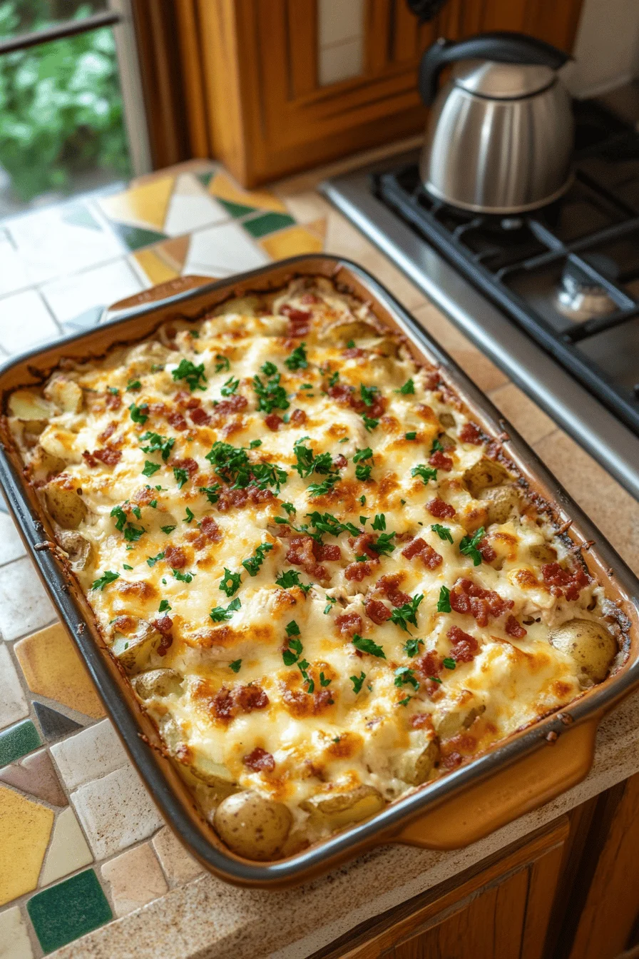 Aerial view of Chicken Bacon Ranch Potato Bake