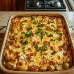 Aerial view of Chicken Bacon Ranch Potato Bake