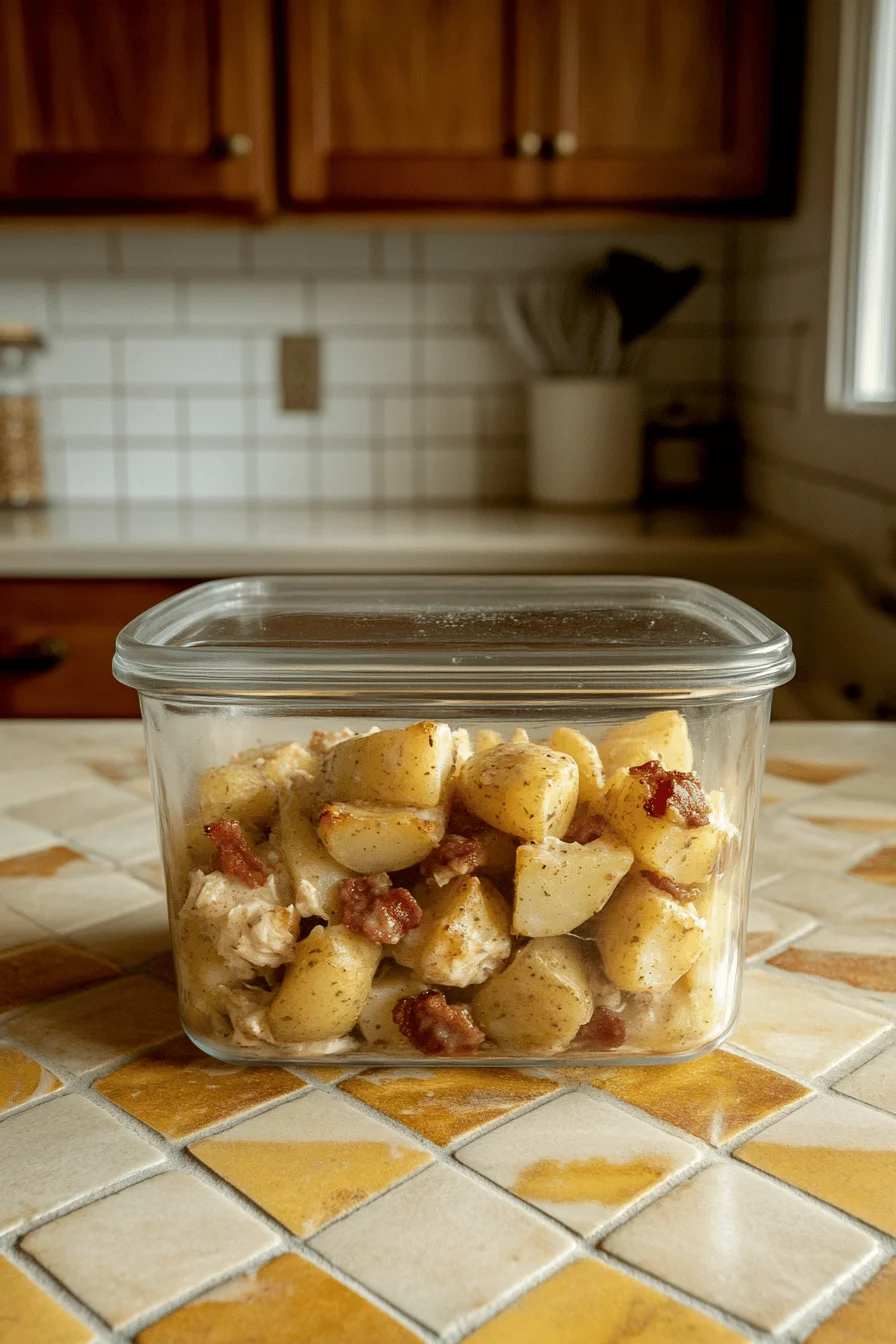 Chicken bake leftovers stored