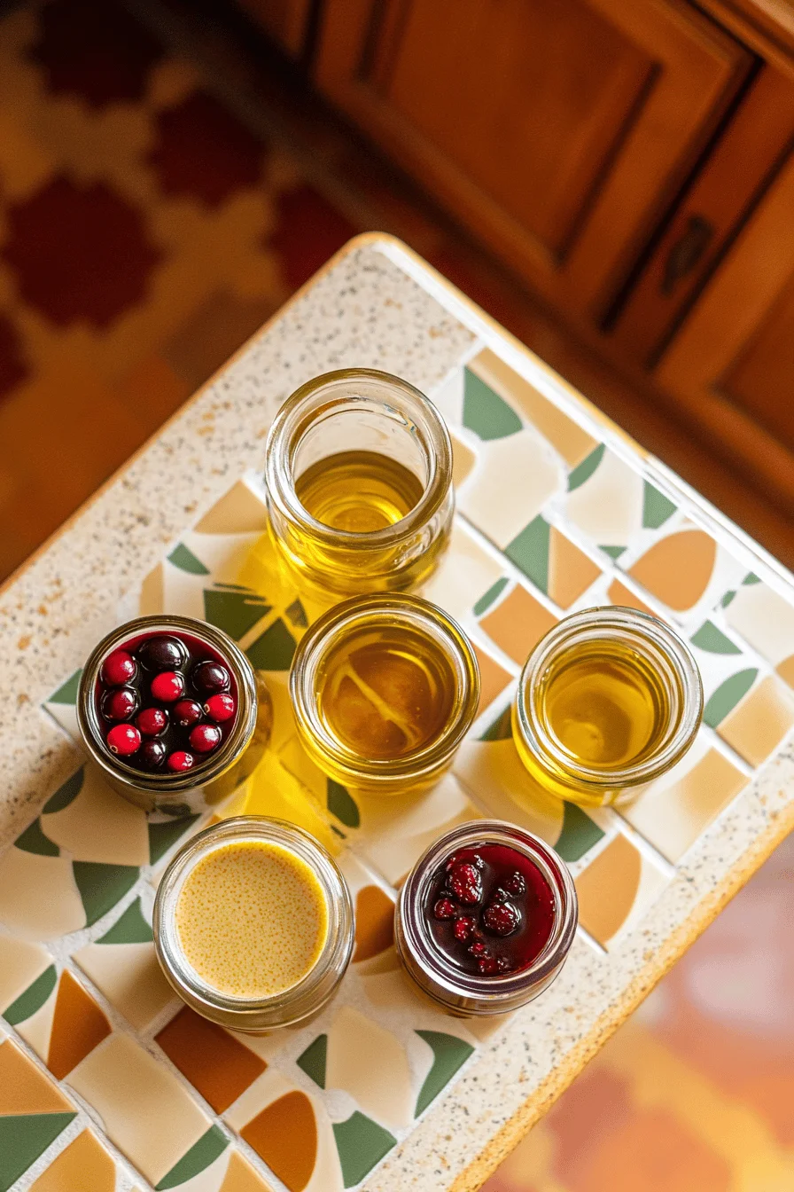 Aerial view of Salad Dressing Ingredients with Cranberry Juice and Apple Cider Vinegar.