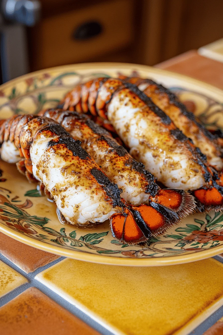 Close-up of plated grilled lobster tails