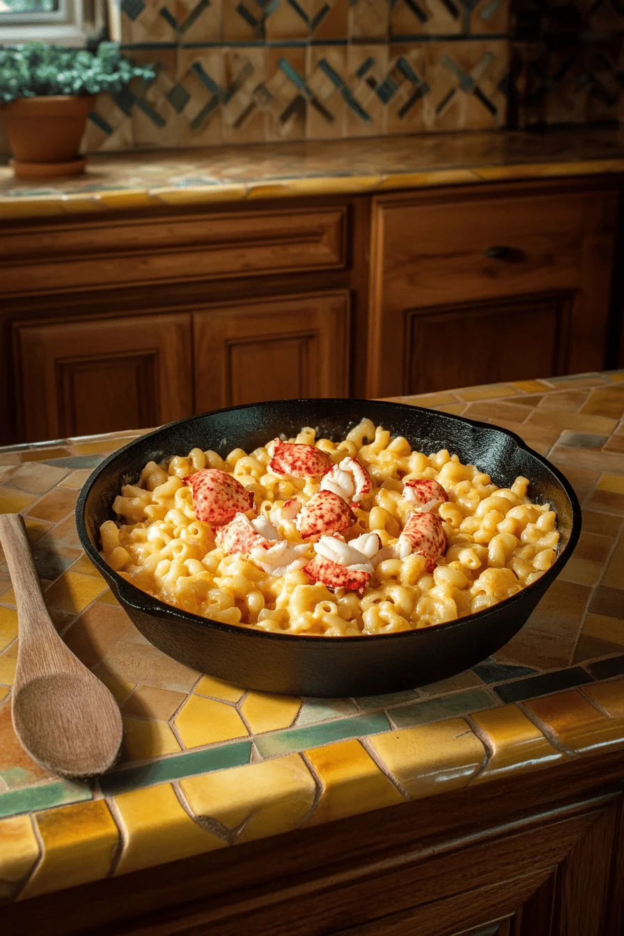 Lobster mac and cheese in a skillet