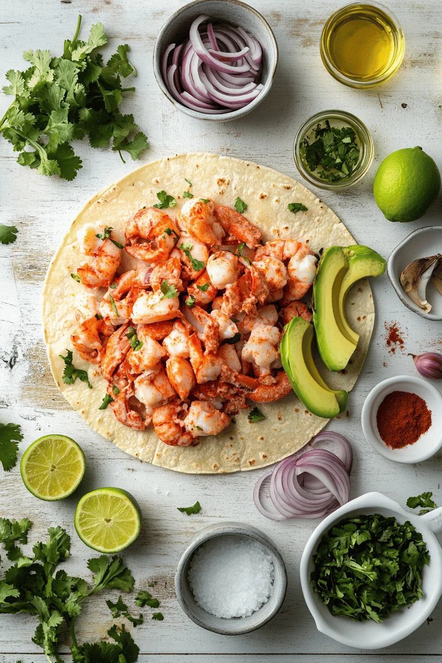 Ingredients for lobster tacos arranged on a wooden table.