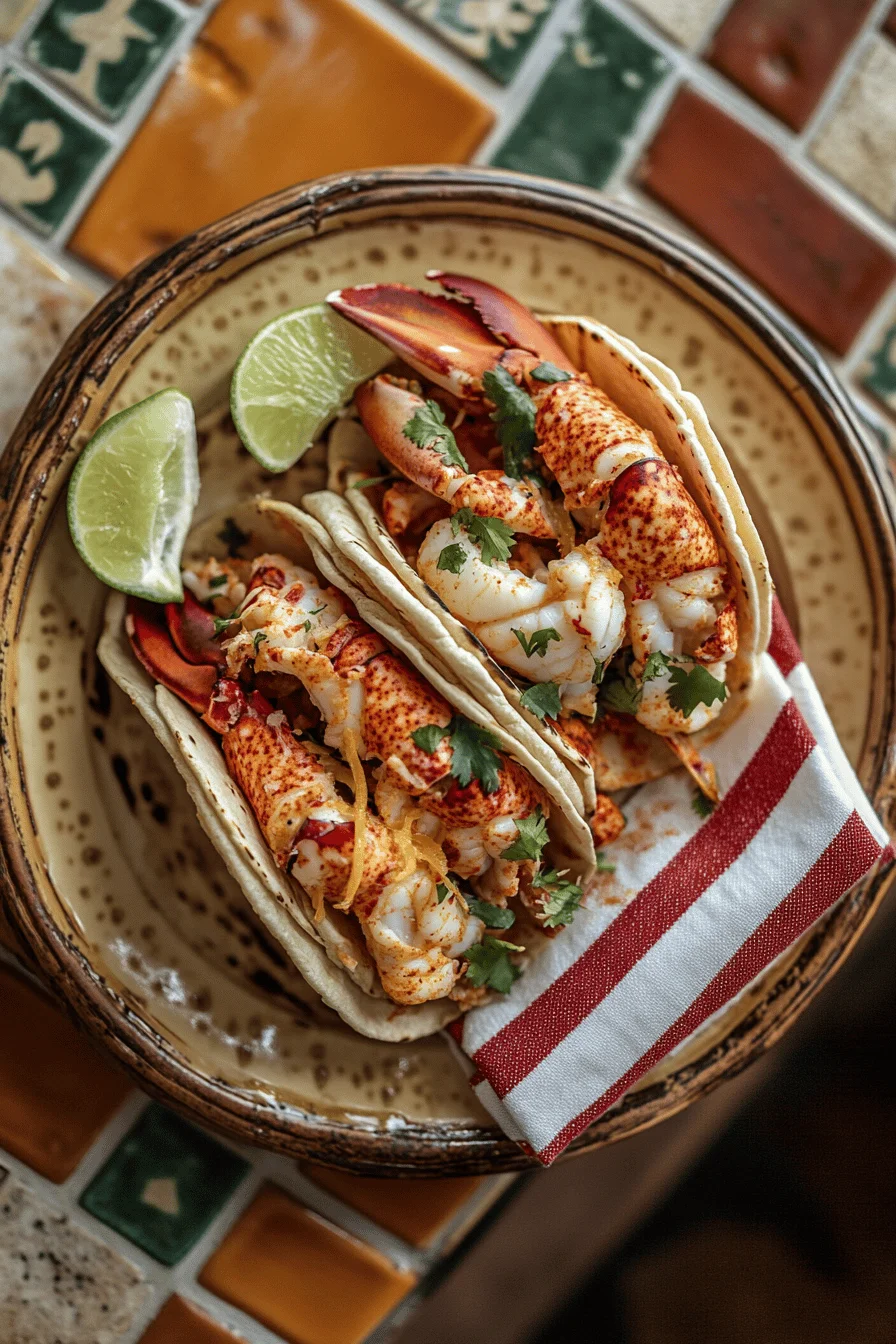 Overhead shot of lobster tacos on a Mediterranean tiled surface.