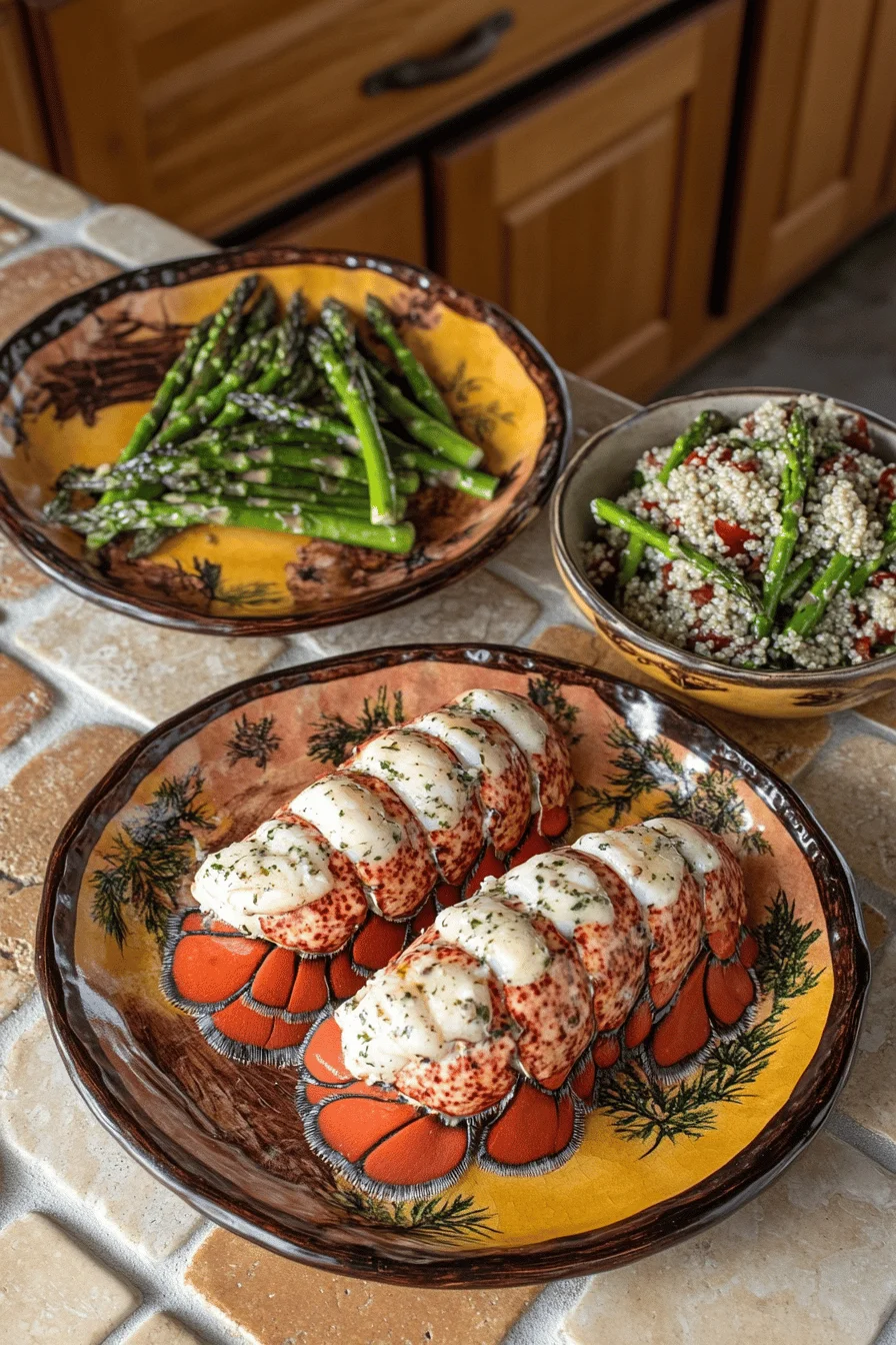 Overhead shot of lobster tails with garlic herb butter, steamed asparagus, and quinoa salad